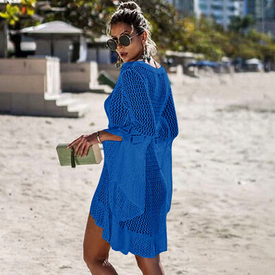 

Sexy Women Bikini Cover Up Fishnet Hollow Out Long Sleeve Knitted Swimsuit Coverups Beach Dress