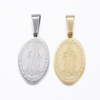 

304 Stainless Steel Pendants Flat Oval with Virgin Mary Mixed Color 22x13x1mm Hole 8x4mm