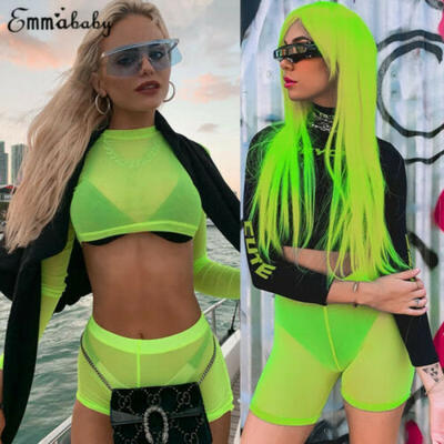 

AU Women 2 Piece Hollow Mesh Crop Top Shorts Set Jumpsuit Romper Long Sleeve