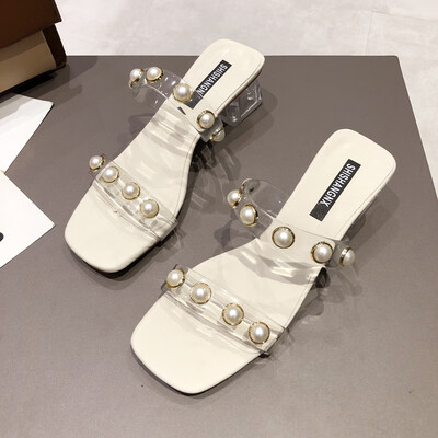 

Slippers women wear fashion summer student Pearl girl heart ins sandals transparent thick heel