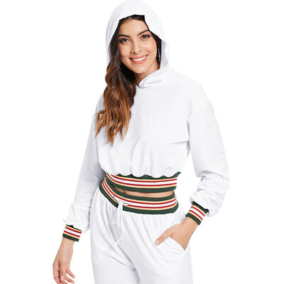 

Hooded Long Sleeve Color Blocking Stripe Crop Top Women Hoodie