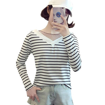 

Casual Women T-Shirt Long Sleeve Striped Pattern V-Neck Autumn Fashion Tops