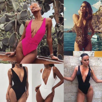 

Hot Women Sexy One Piece Deep V Neck Swimsuit Pad Beachwear Belt Buckle Swimwear