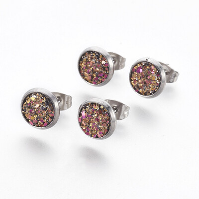 

304 Stainless Steel Stud Earrings with Resin Druzy Flat Round Colorful 14x10mm Pin 08mm