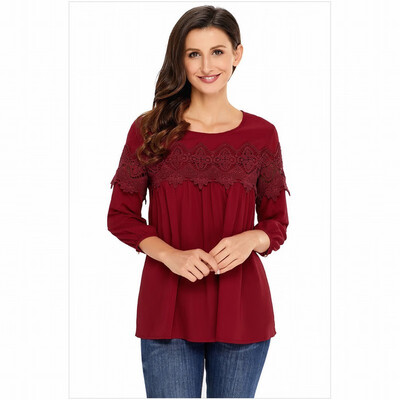 

Solid color lace round neck long sleeve lace crochet knit casual straight top