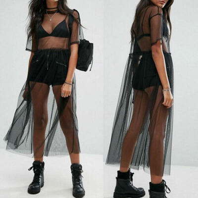 

New Summer Women Mesh Sheer Short Sleeve Bikini T Shirt Tee Cover Up Dress US
