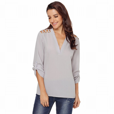 

Solid color V-neck long-sleeved shoulder cross casual blouse T-shirt top