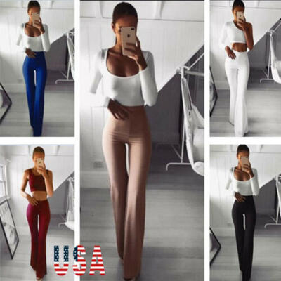 

Womens Palazzo Flared Wide Leg Pants High Waist OL Ladies Casual Long Trousers