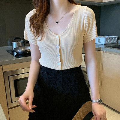 

Women tshirt Summer Fashion Concsie Casual All-match Solid Color Slim Fit V-collar Short Style T-shirts