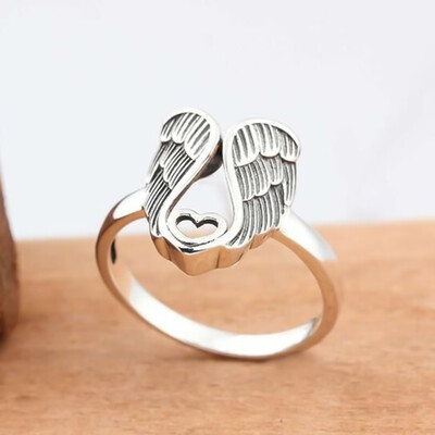 

925 Sterling Silver Rings For Women Angel Wings Love Heart Shape Love Wedding Rings Vintage Silver Jewelry