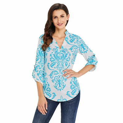 

V-neck long-sleeved Damascus printed casual shirt ladies shirt