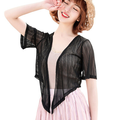 

summer women sunscreen short sleeved little shawl hollow out thin cardigan chiffon top fashion see through top For Women
