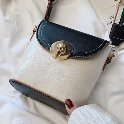 

2019 womens bag new lock bag wide shoulder strap bag fashion contrast womens bag shoulder diagonal bag