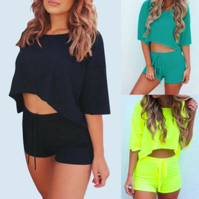 

Summer Women Crew Neck Half Sleeve Solid Casual Tops Shorts Jumpsuit Outfit 2PCS