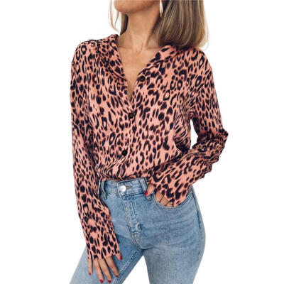 

Sexy Leopard Print Long Sleeve T-shirts Women Tops V Neck Chiffon Blouse