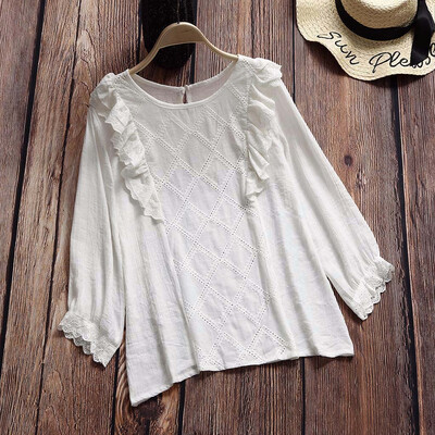 

Starmoon Women Cotton Linen Blouse Ronud Collar Long Sleeve Loose Tunic Top T-Shirt