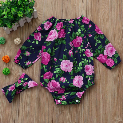 

Toddler Baby Girls Long Sleeve Floral Romper Jumpsuit Headband Outfit Clothes