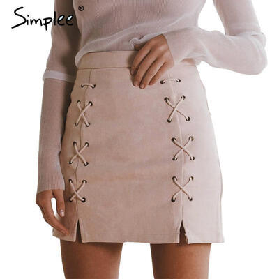 

Fashion Women High Waist Lace Up Bodycon Suede Leather Pocket Preppy Short Mini Pencil Skirt