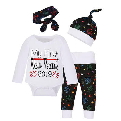 

4pcsSet Autumn Newborn Baby Clothes Cute Letters Romper Pants Headband Hat