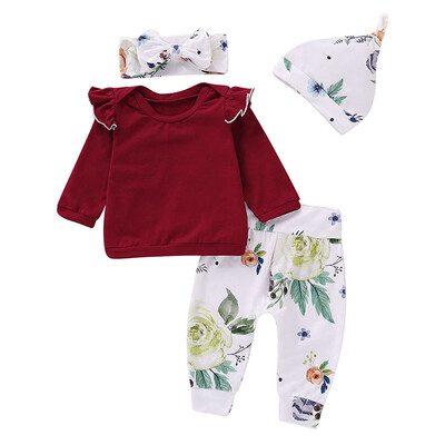 

4Pcs Baby Girl Clothes Set Floral Pattern Outfits Sets Infant Cotton Long Sleeve T-shirt Trousers Headband Hats Fashion