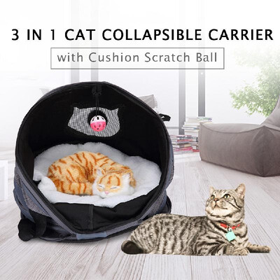 

3 in 1 Cat Collapsible Carrier with Cushion Scratch Ball Tunnel Foldable Shelter for Cat Kitten Dogs