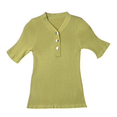 

Women Retro Solid Color V Collar Button Half Sleeve Casual Knit Pullover Loose Tops