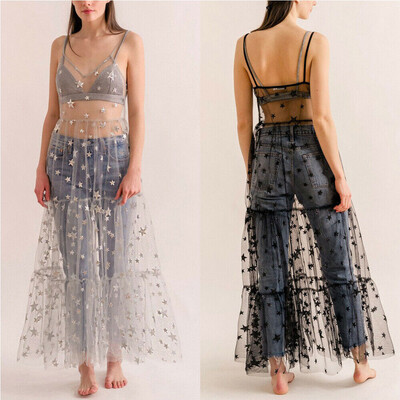 

Womens Mesh Sheer Sling Bikini Cover Up Casual Star Long Dress Summer Beach