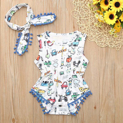 

Infant Baby Cartoon Car Print Jumpsuit Romper BodysuitHeadband Outfits Set