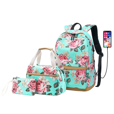 

Tailored Girls Floral School Backpack Cute Daypack Bookbag Lunch Bag Purse 3 Piece Set