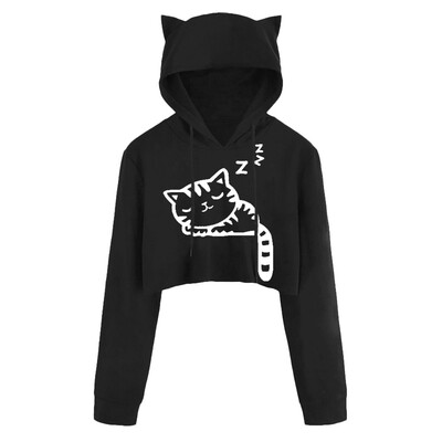 

Nomeni Women Sexy Casual Long Sleeve Cat Kitty Print Short Hoodies Blouse Top Pullover