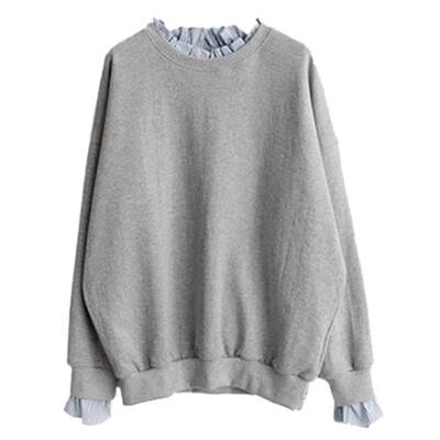 

Korean Women Loose Plus Size Autumn Winter College Style Splicing Sleeve Thin Long-sleeved Top