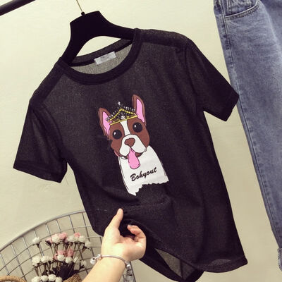 

Women Casual Round Neck Loose Tops Bright Silk Cartoon Puppy Print Girl Pullover Short-sleeved Sunscreen Woman T-shirts