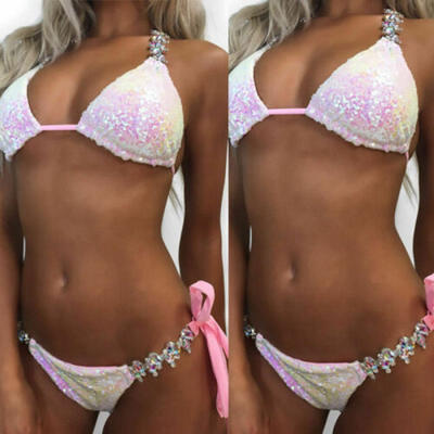 

US Women Sequin Rhinestone Crystal Diamond Push-up Bikini Set Swimsuit Swimwear