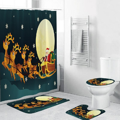 

4 Piece Christmas Theme Bathroom Decoration Non Slip Rug Toliet Cover Bath Mat Shower Curtain