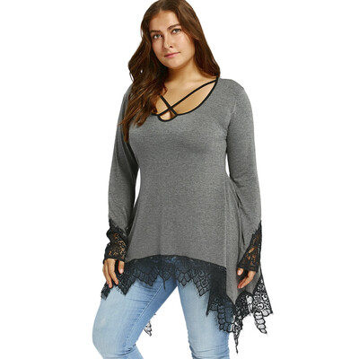 

Plus Size Lace Trim Tunic Sharkbite T-shirt