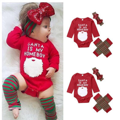 

4Pcs Xmas Newborn Baby Girls Cotton Tops Romper Stripe Pants Outfits Set Clothes