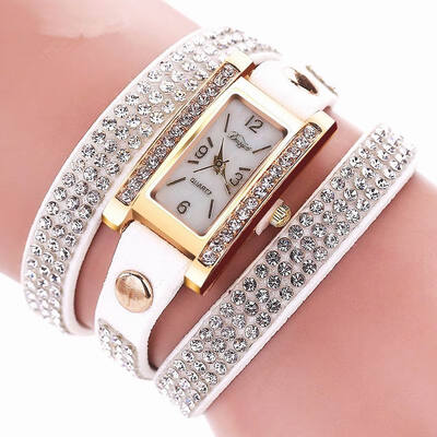 

DUOYA D003 Women Leather Strap Rectangular Quartz Wrist Watch With Rhinestones