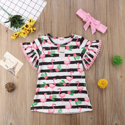 

2pcs Newborn Kids Baby Girls Stripe Flamingo Tassel Dress Clothes Headbnad Outfits