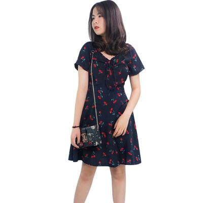 

Womens Fresh Style Short Sleeve V Neck PlaidCherry Print A-Line Lace Up Slim Dress