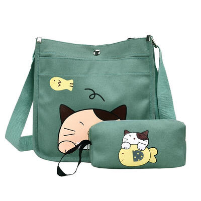

2pcsset Women Canvas Cartoon Cat Print Shoulder Crossbody Handbags Pen Bag