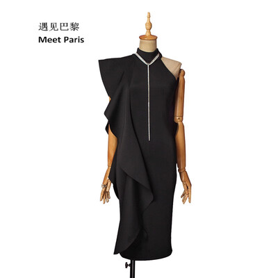 

Sexy Sleeveless Ruffled Turtleneck Off-Shoulder Slim Fit Hip Dress