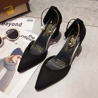 

Sandals Girl Summer Point Head Baotou Rough-heeled Shoes Korean Version Baitachic Fairy High-heeled Shoes