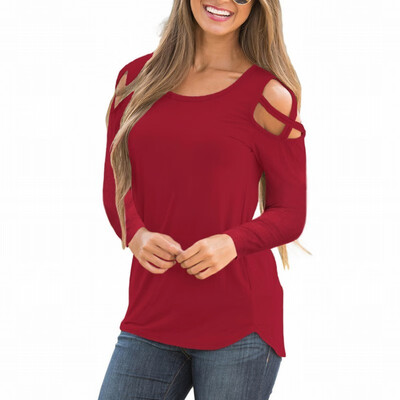 

Solid color round neck long sleeve cold shoulder casual smock