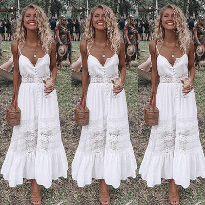 

Women&39s Spaghetti Strap Split Tie Back Sleeveless Maxi White Dress Boho Sundress Beach Dress