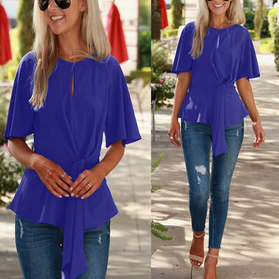 

Nomeni Women O-neck Loose Patchwork Cut Out Belt Elbow Sleeve Bow Waist Blouse