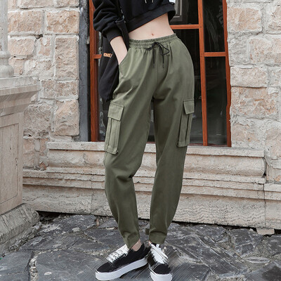 

Womens Loose Cargo Harem Pants Elastic High Waist Casual Sport Cropped Trousers