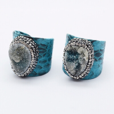 

Handmade Snakeskin Genuine Leather Cuff Rings with Polymer Clay Czech Rhinestone&Druzy Quartz Adjustable Oval LightBlue 2