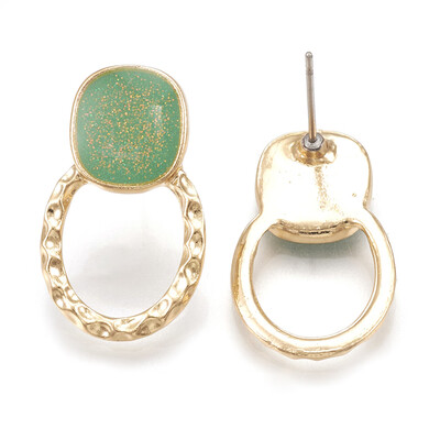 

Alloy Enamel Stud Earrings with Glitter Powder Ring Light Gold MediumSeaGreen 25x15mm Pin 07mm