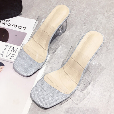 

Square head with sandals female wearing summer rough heel with a letter with stylish crystal transparent slippers woman