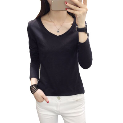 

Women V-neck T-Shirt Long Sleeved Bottoming Wild Casual Solid Color Simple Slim Tops